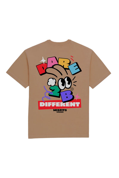 Misfits Gaming Dare 2B Different T-shirt, Khaki with text in multiple colors on the back