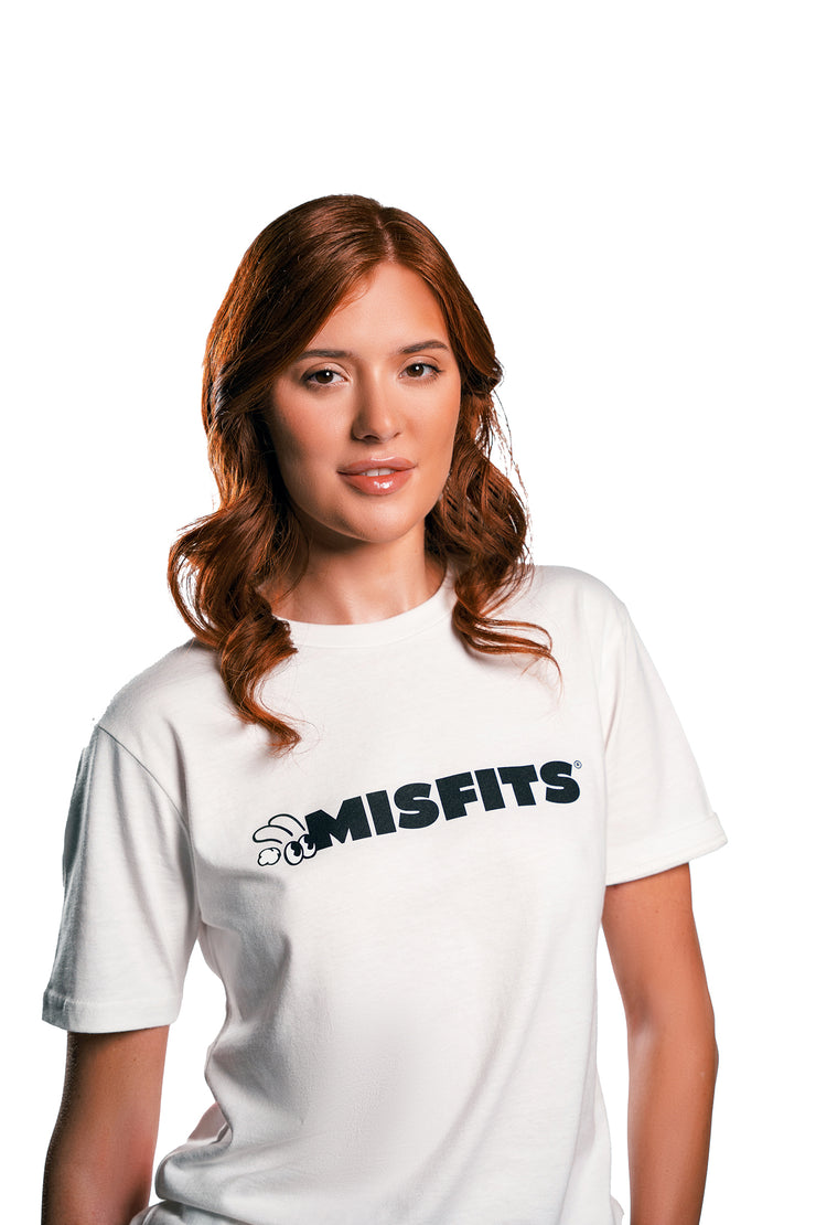 Misfits Gaming logo in black on white t-shirt front on female model