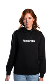 Misfits Gaming logo embroidered on black hoodie front female model