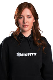 Misfits Gaming logo embroidered on black hoodie front female model closeup