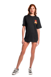 Misfist Gaming logo in red and orange on the black t-shirt front on female model