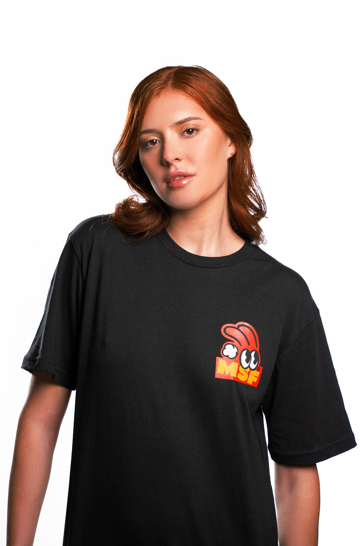 Misfist Gaming logo in red and orange on the black t-shirt front on female model closeup