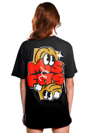 Misfits Gaming Misfits written on the back in yellow and red on black t-shirt on female model